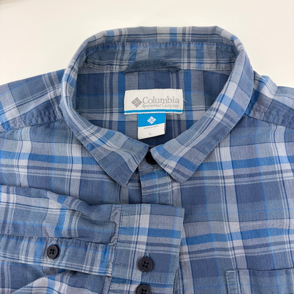 Columbia Mens Blue Plaid Flannel Long Sleeve Button Down Shirt Large